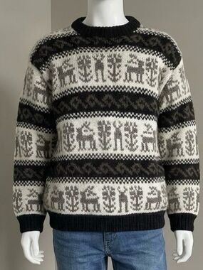 Men Fair Isle Chunky Knit Wool Pullover Sweater Reindeer Pattern Grey Large XL